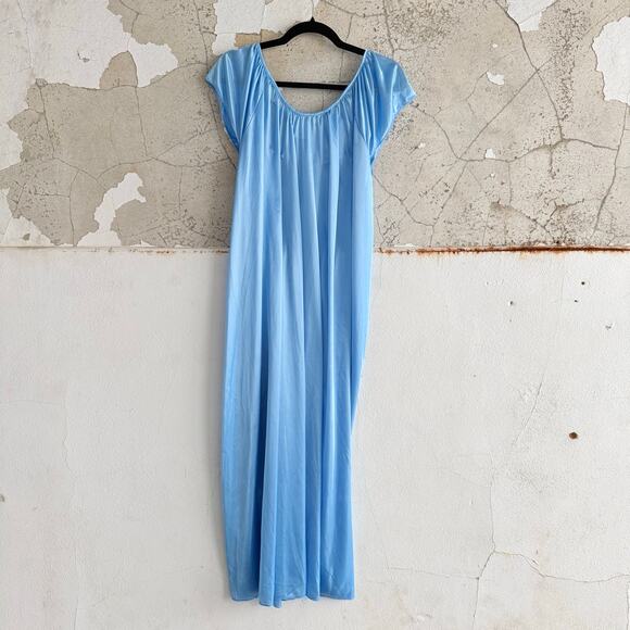 Satin Nightgown Long Lounge Dress Light Blue Rosette Ruffle Womens L Grandmacore - Picture 4 of 8